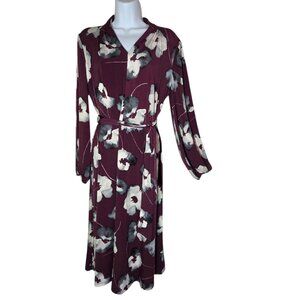 London Style Long Sleeve V-Neck Purple Floral Belted Midi Dress 8